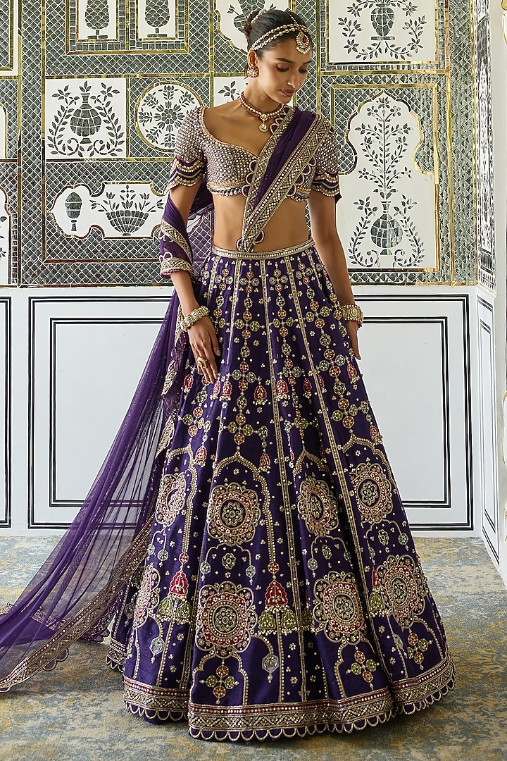 Purple Raw Silk Embroidered Bridal Lehenga Set by Ridhi Mehra at Pernia's Pop Up Shop