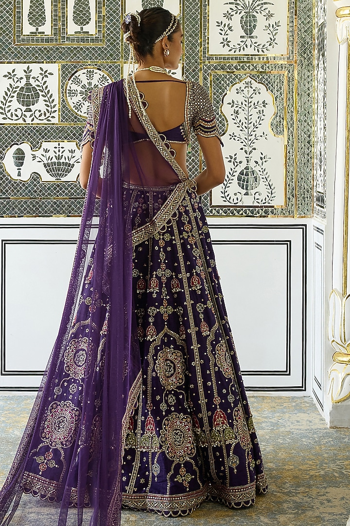 Purple Raw Silk Embroidered Bridal Lehenga Set by Ridhi Mehra at Pernia's Pop Up Shop