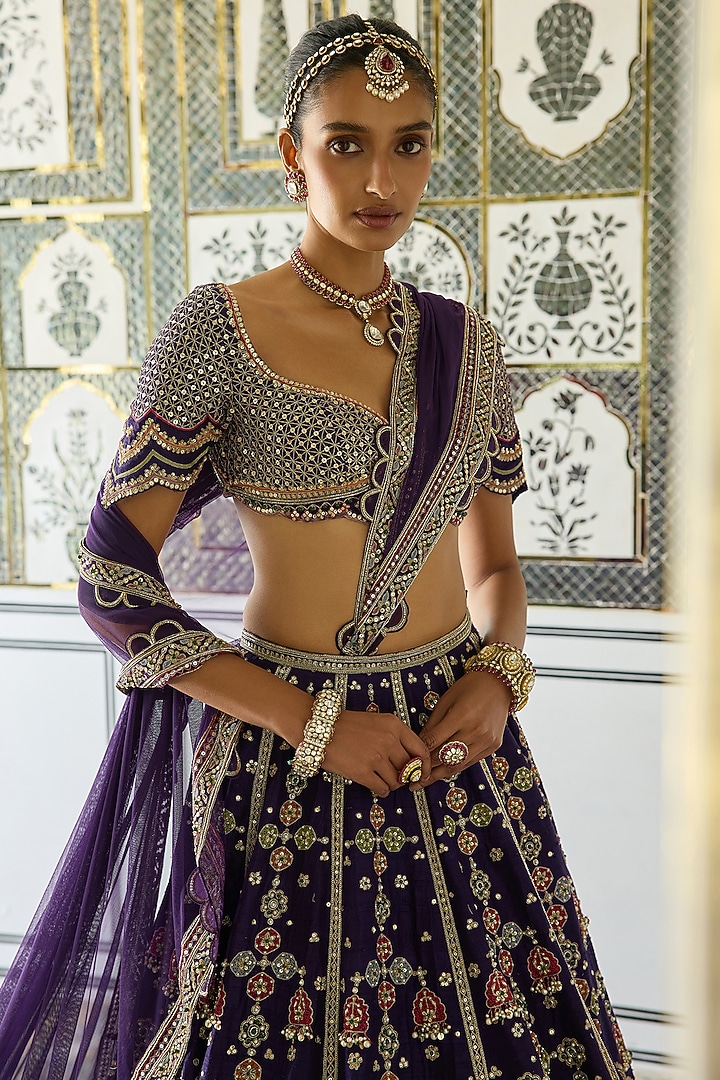 Purple Raw Silk Embroidered Bridal Lehenga Set by Ridhi Mehra at Pernia's Pop Up Shop
