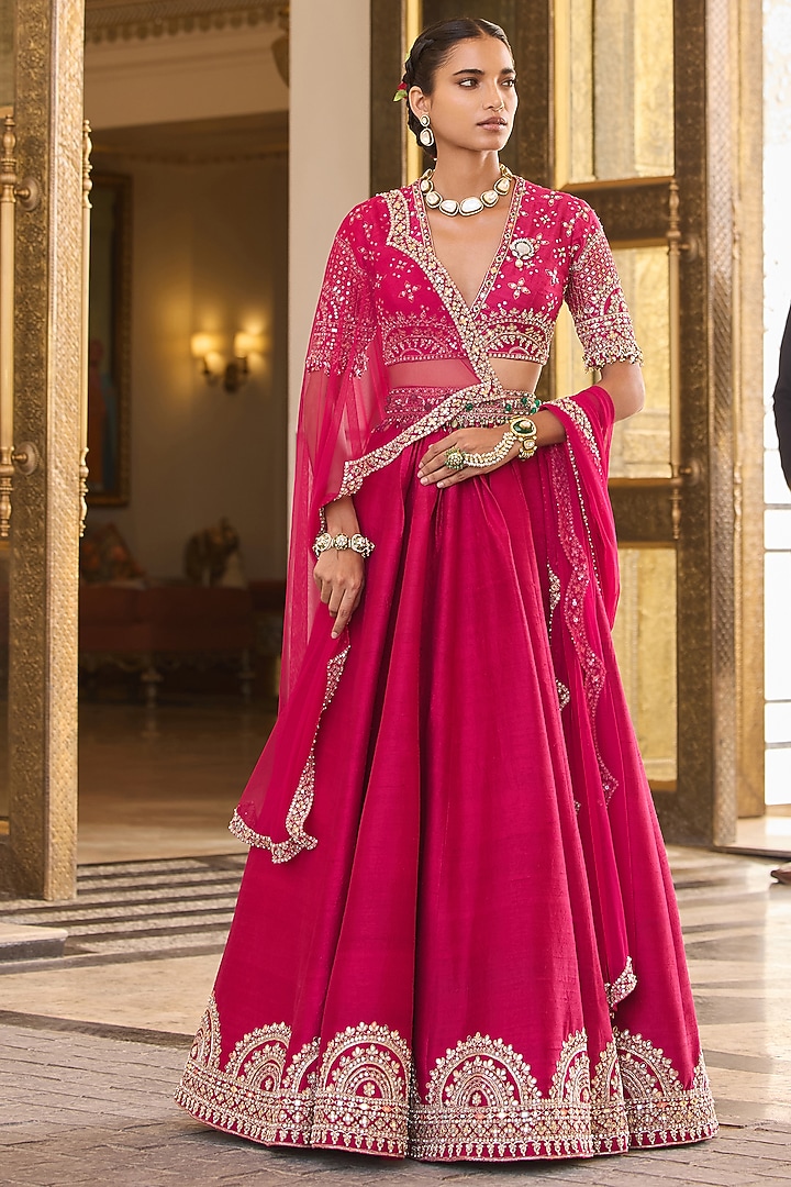 Fuchsia Raw Silk Embroidered Bridal Lehenga Set by Ridhi Mehra at Pernia's Pop Up Shop