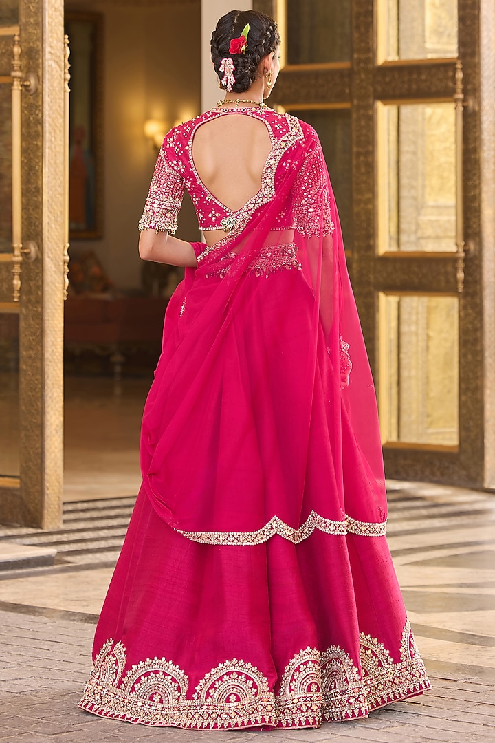 Fuchsia Raw Silk Embroidered Bridal Lehenga Set by Ridhi Mehra at Pernia's Pop Up Shop
