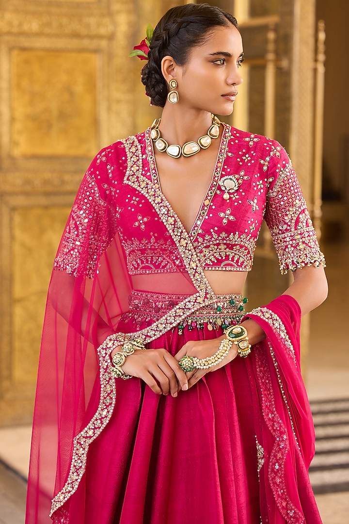 Fuchsia Raw Silk Embroidered Bridal Lehenga Set by Ridhi Mehra at Pernia's Pop Up Shop