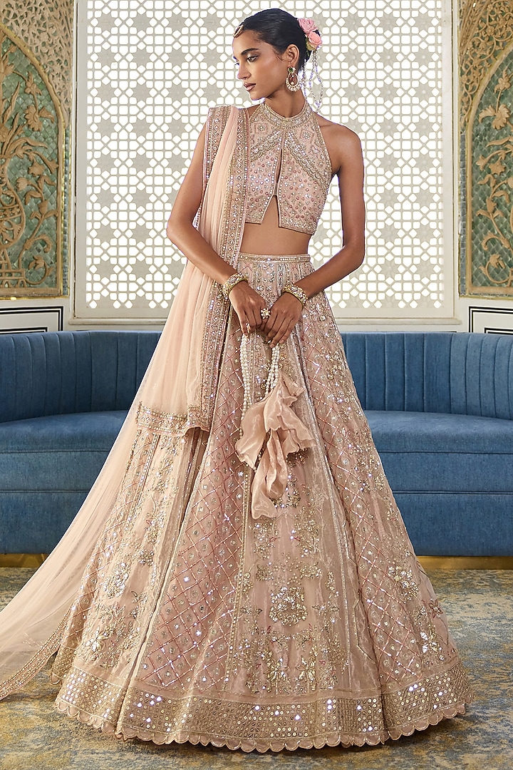 Rose Gold Tissue Embroidered Bridal Lehenga Set by Ridhi Mehra at Pernia's Pop Up Shop