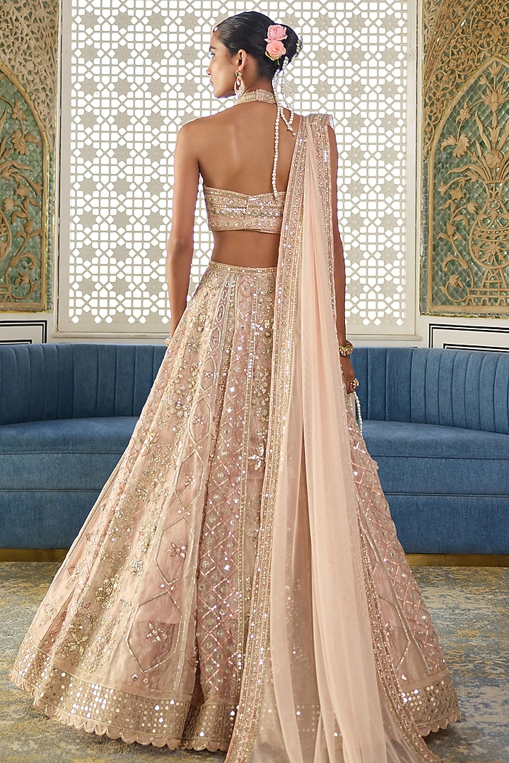 Rose Gold Tissue Embroidered Bridal Lehenga Set by Ridhi Mehra at Pernia's Pop Up Shop