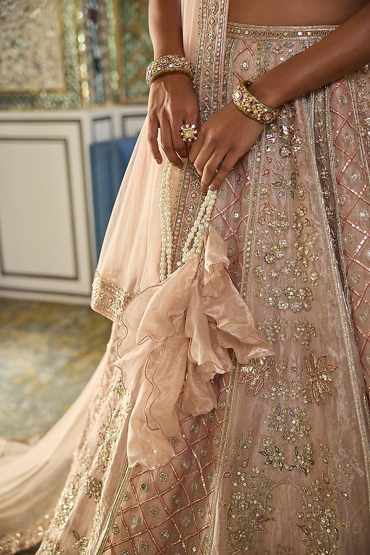 Rose Gold Tissue Embroidered Bridal Lehenga Set by Ridhi Mehra at Pernia's Pop Up Shop