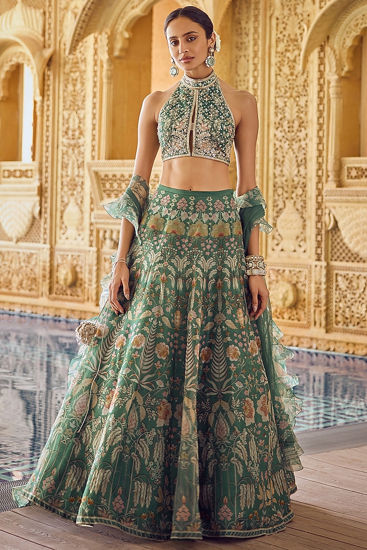 Green Organza Printed Wedding Lehenga Set by Ridhi Mehra at Pernia's Pop Up Shop
