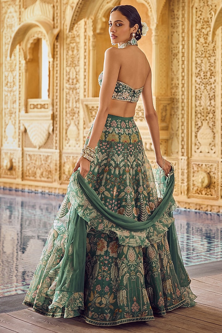 Green Organza Printed Wedding Lehenga Set by Ridhi Mehra at Pernia's Pop Up Shop