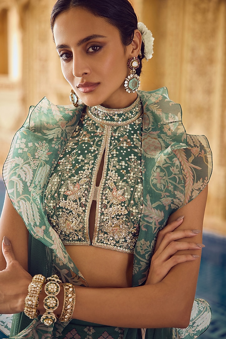 Green Organza Printed Wedding Lehenga Set by Ridhi Mehra at Pernia's Pop Up Shop