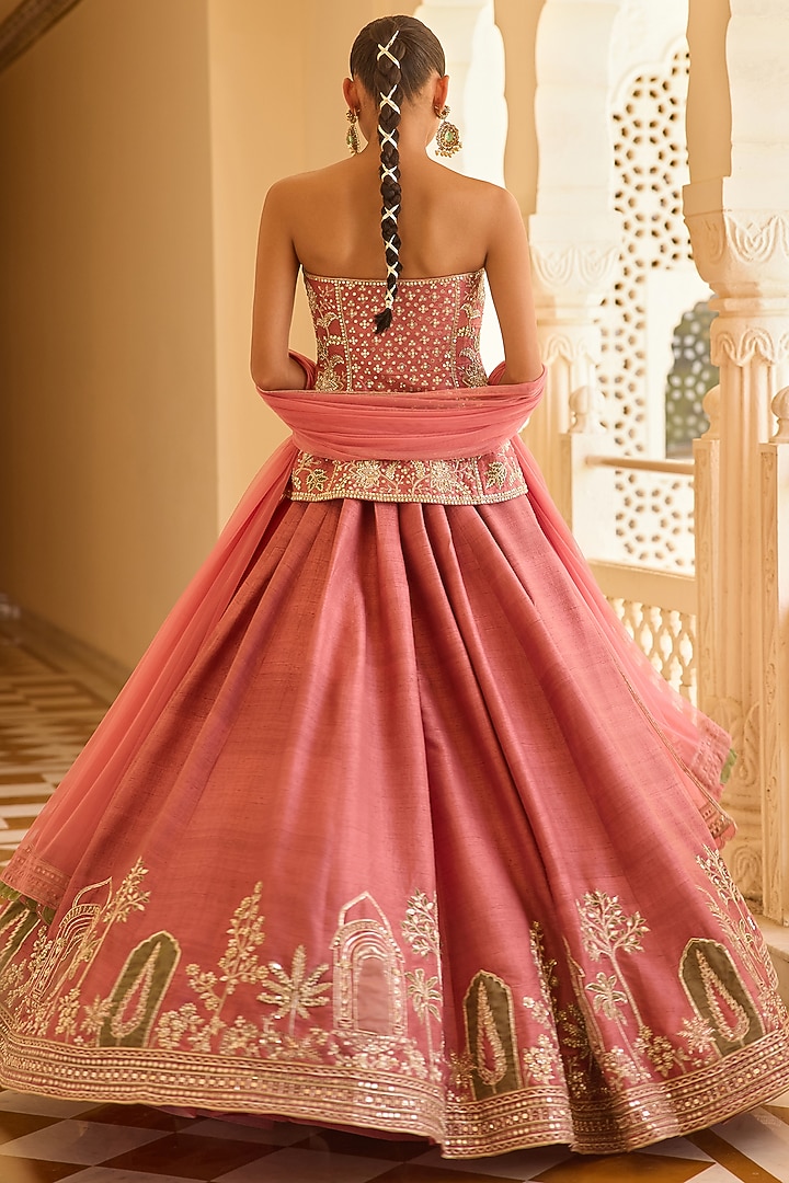 Coral Raw Silk Embroidered Bridal Lehenga Set by Ridhi Mehra at Pernia's Pop Up Shop