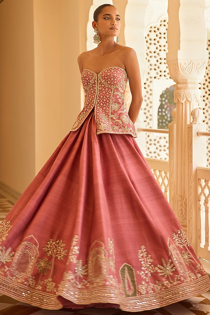 Coral Raw Silk Embroidered Bridal Lehenga Set by Ridhi Mehra at Pernia's Pop Up Shop
