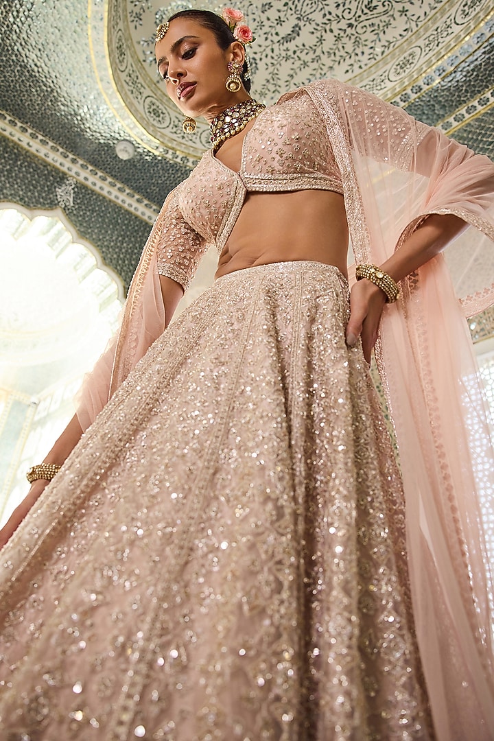 Rose Gold Tissue Embroidered Bridal Lehenga Set by Ridhi Mehra at Pernia's Pop Up Shop