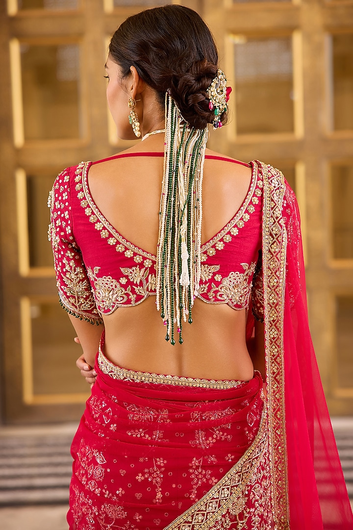 Red Raw Silk Embroidered Skirt Bridal Saree Set by Ridhi Mehra at Pernia's Pop Up Shop