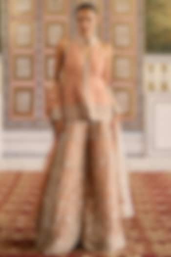 Peach-Mint Green Tissue Embroidered Bridal Sharara Set by Ridhi Mehra at Pernia's Pop Up Shop