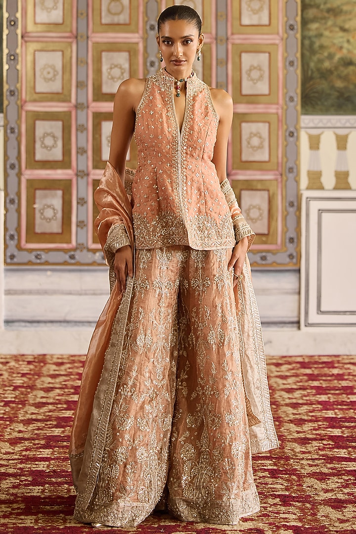 Peach-Mint Green Tissue Embroidered Bridal Sharara Set by Ridhi Mehra at Pernia's Pop Up Shop