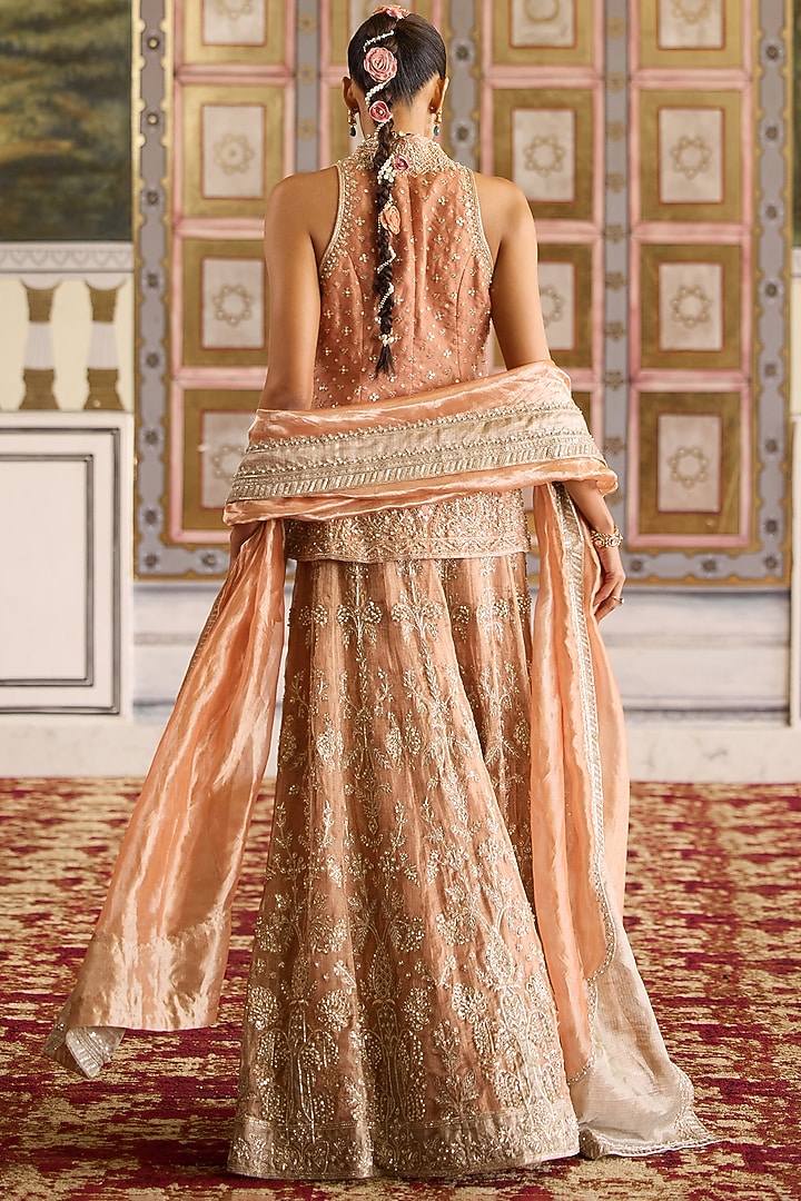 Peach-Mint Green Tissue Embroidered Bridal Sharara Set by Ridhi Mehra at Pernia's Pop Up Shop
