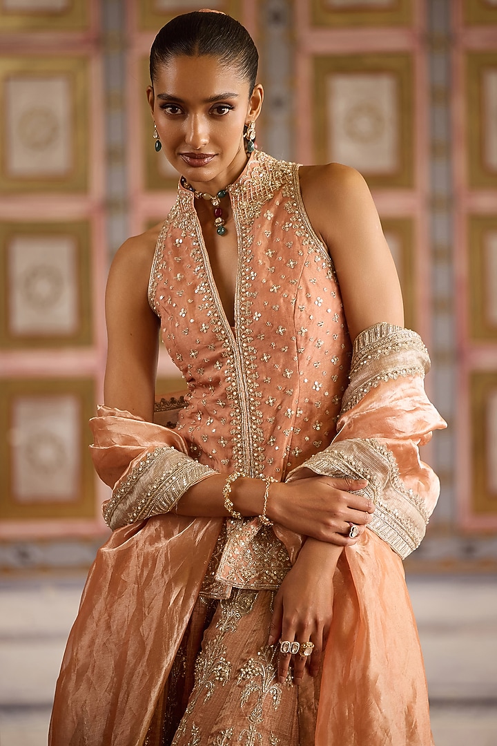 Peach-Mint Green Tissue Embroidered Bridal Sharara Set by Ridhi Mehra at Pernia's Pop Up Shop