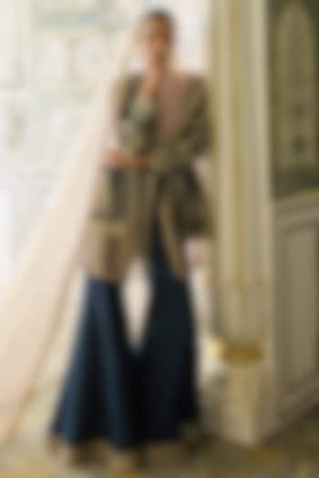 Navy Raw Silk Embroidered Jacket Set by Ridhi Mehra at Pernia's Pop Up Shop