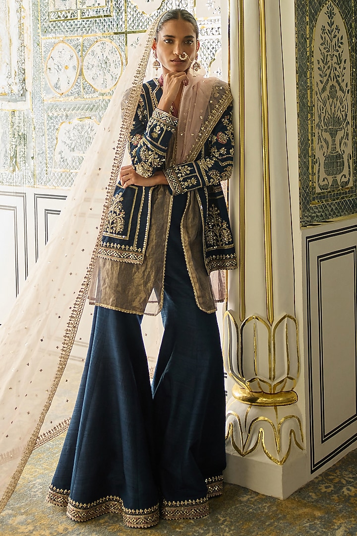 Navy Raw Silk Embroidered Jacket Set by Ridhi Mehra at Pernia's Pop Up Shop