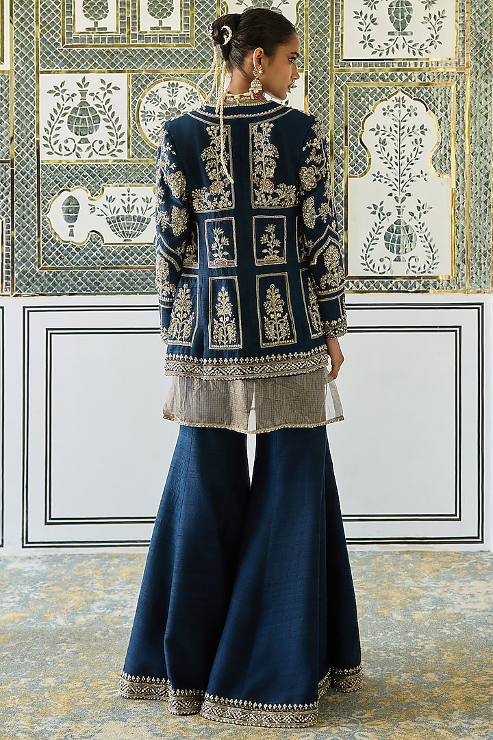 Navy Raw Silk Embroidered Jacket Set by Ridhi Mehra at Pernia's Pop Up Shop