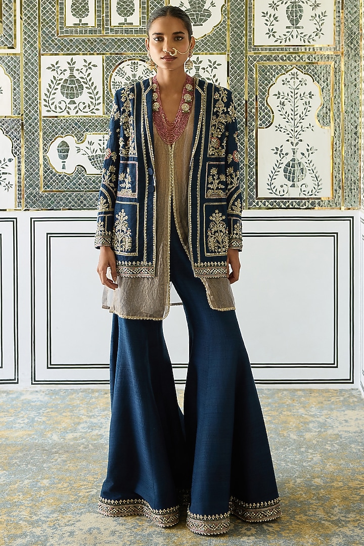 Navy Raw Silk Embroidered Jacket Set by Ridhi Mehra at Pernia's Pop Up Shop