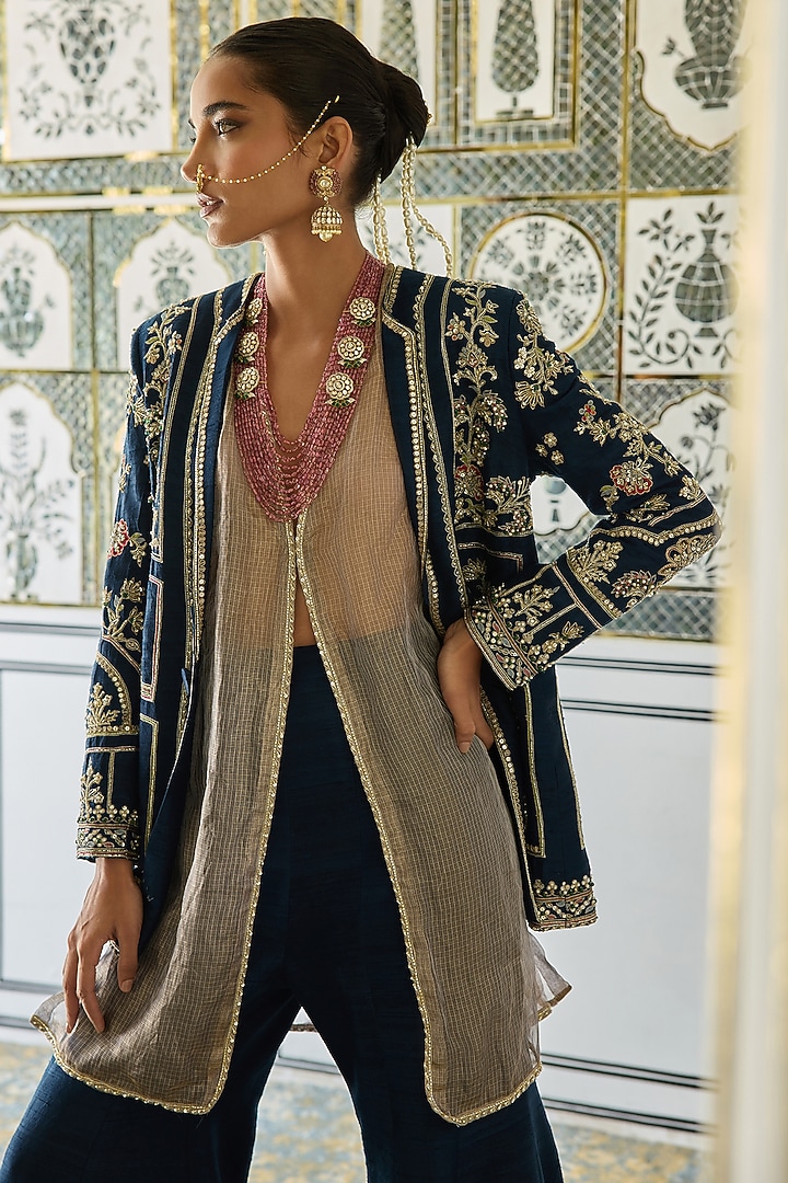 Navy Raw Silk Embroidered Jacket Set by Ridhi Mehra at Pernia's Pop Up Shop