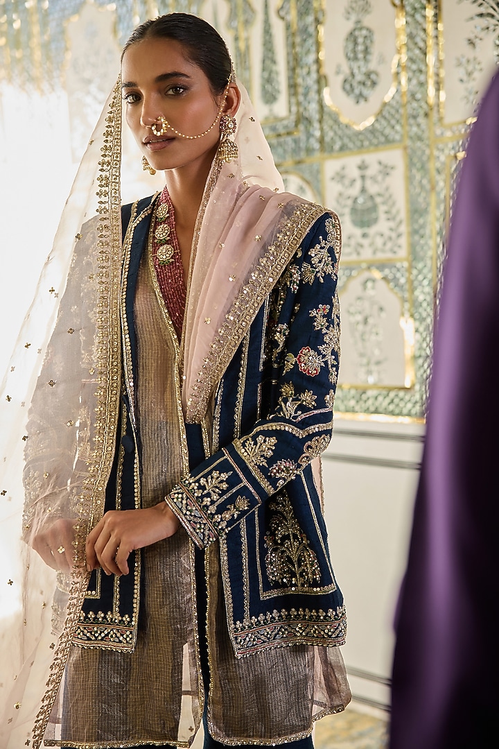 Navy Raw Silk Embroidered Jacket Set by Ridhi Mehra at Pernia's Pop Up Shop