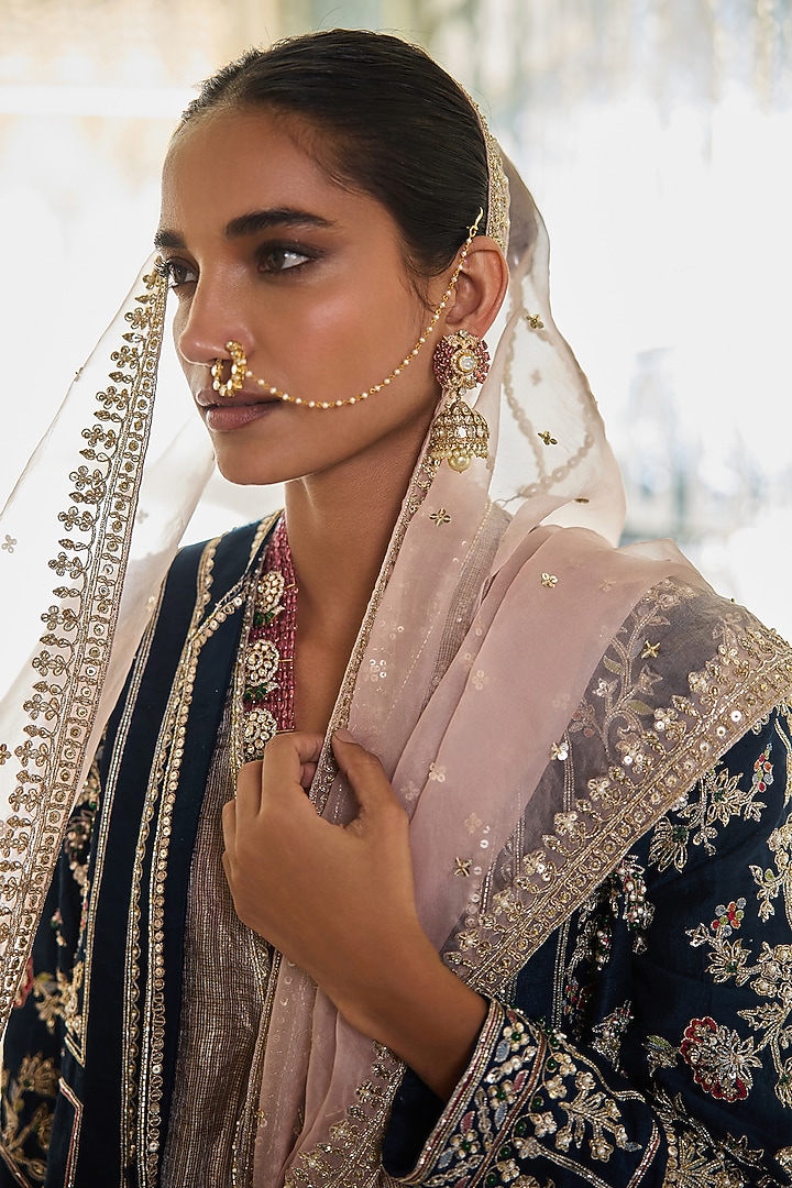 Navy Raw Silk Embroidered Jacket Set by Ridhi Mehra at Pernia's Pop Up Shop