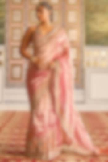 Fuchsia-Orange Tissue Embroidered Bridal Saree Set by Ridhi Mehra at Pernia's Pop Up Shop