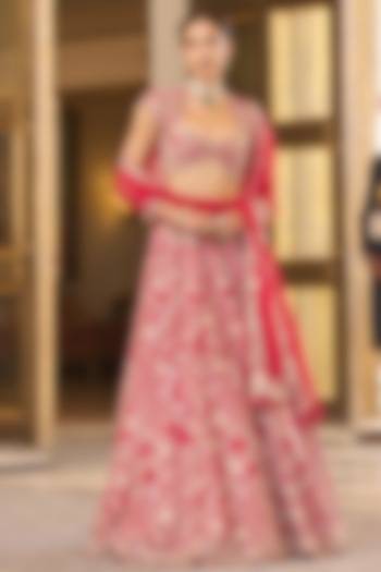 Red Organza Embroidered Bridal Lehenga Set by Ridhi Mehra at Pernia's Pop Up Shop
