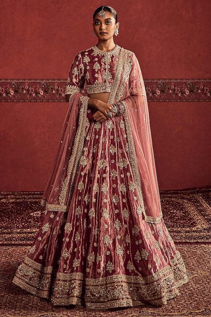 Fuchsia & Gold Tissue Embroidered Bridal Bridal Lehenga Set by Ridhi Mehra at Pernia's Pop Up Shop