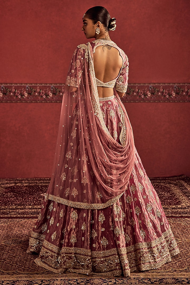 Fuchsia & Gold Tissue Embroidered Bridal Bridal Lehenga Set by Ridhi Mehra at Pernia's Pop Up Shop