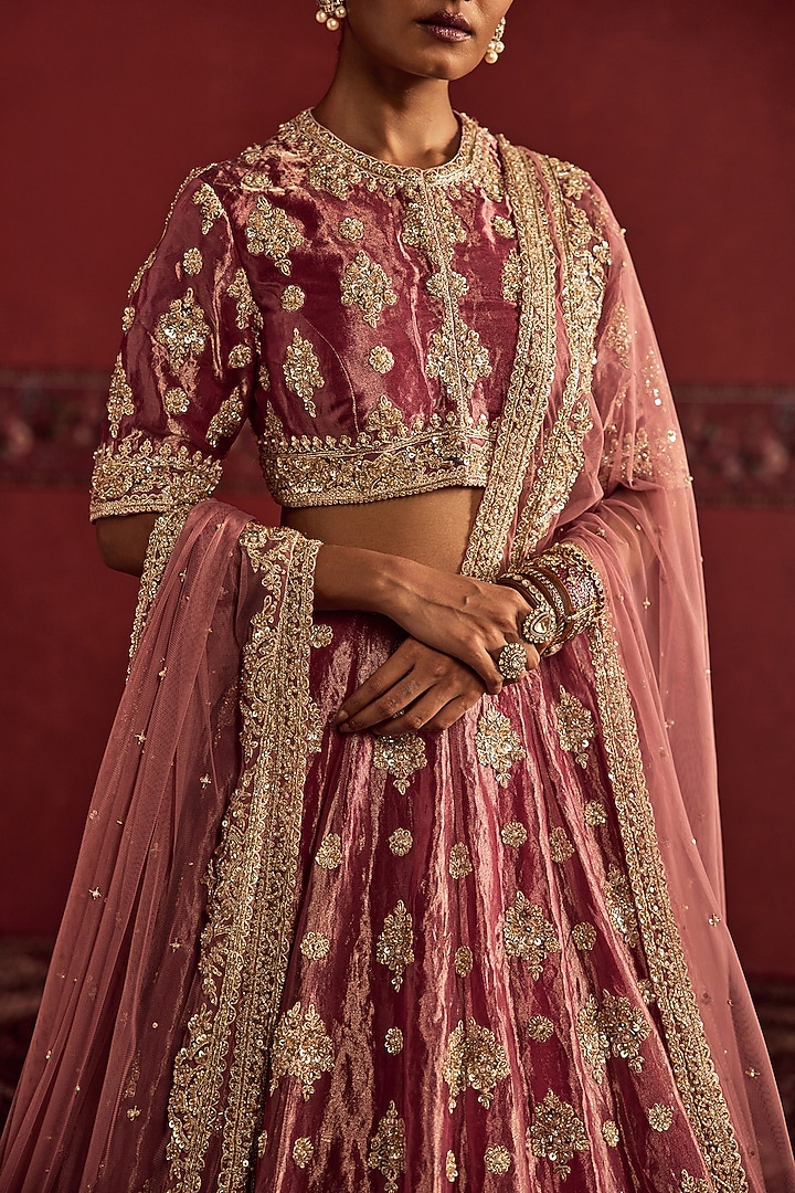 Fuchsia & Gold Tissue Embroidered Bridal Bridal Lehenga Set by Ridhi Mehra at Pernia's Pop Up Shop