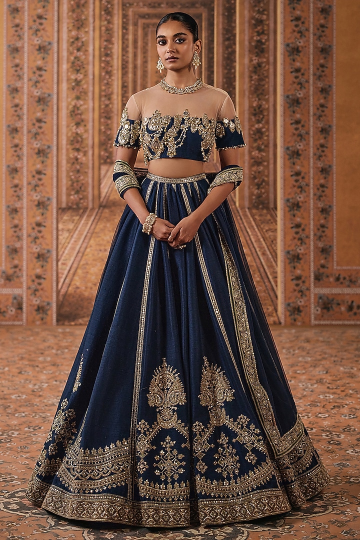 Navy Blue Raw Silk Embroidered Bridal Bridal Lehenga Set by Ridhi Mehra at Pernia's Pop Up Shop