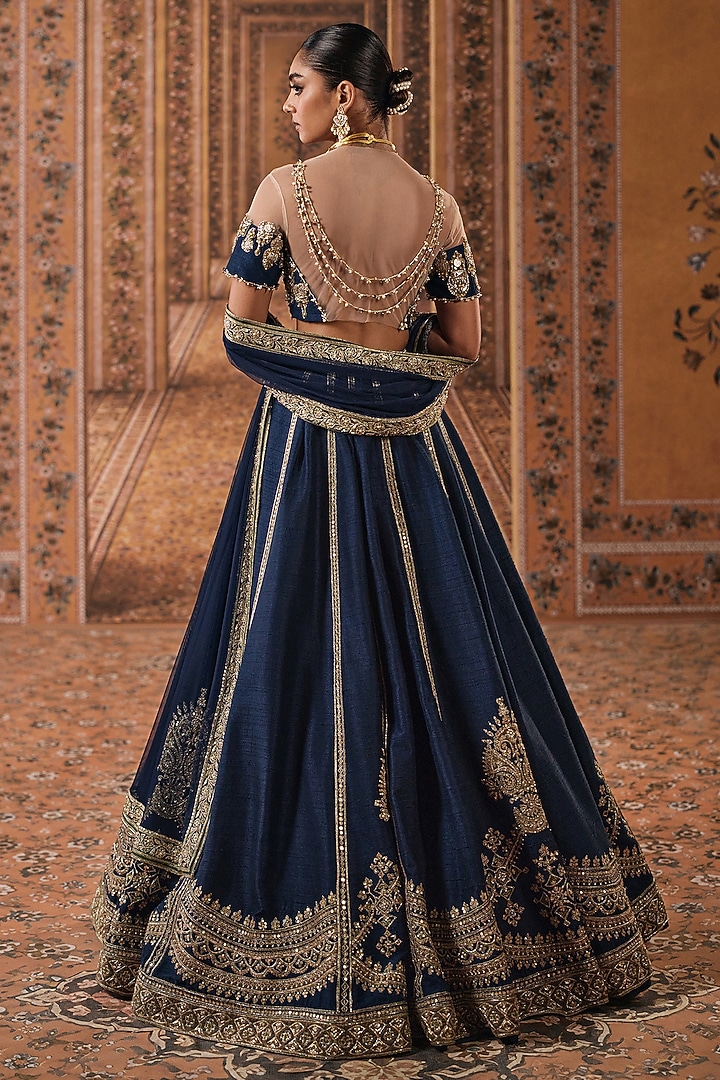 Navy Blue Raw Silk Embroidered Bridal Bridal Lehenga Set by Ridhi Mehra at Pernia's Pop Up Shop