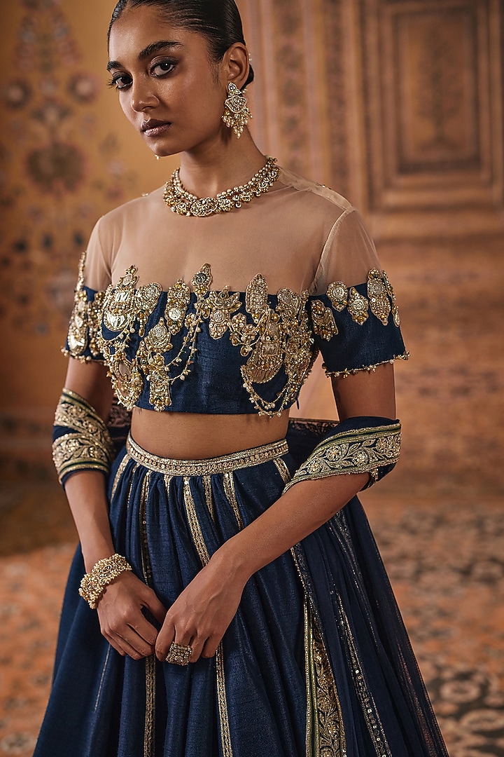 Navy Blue Raw Silk Embroidered Bridal Bridal Lehenga Set by Ridhi Mehra at Pernia's Pop Up Shop