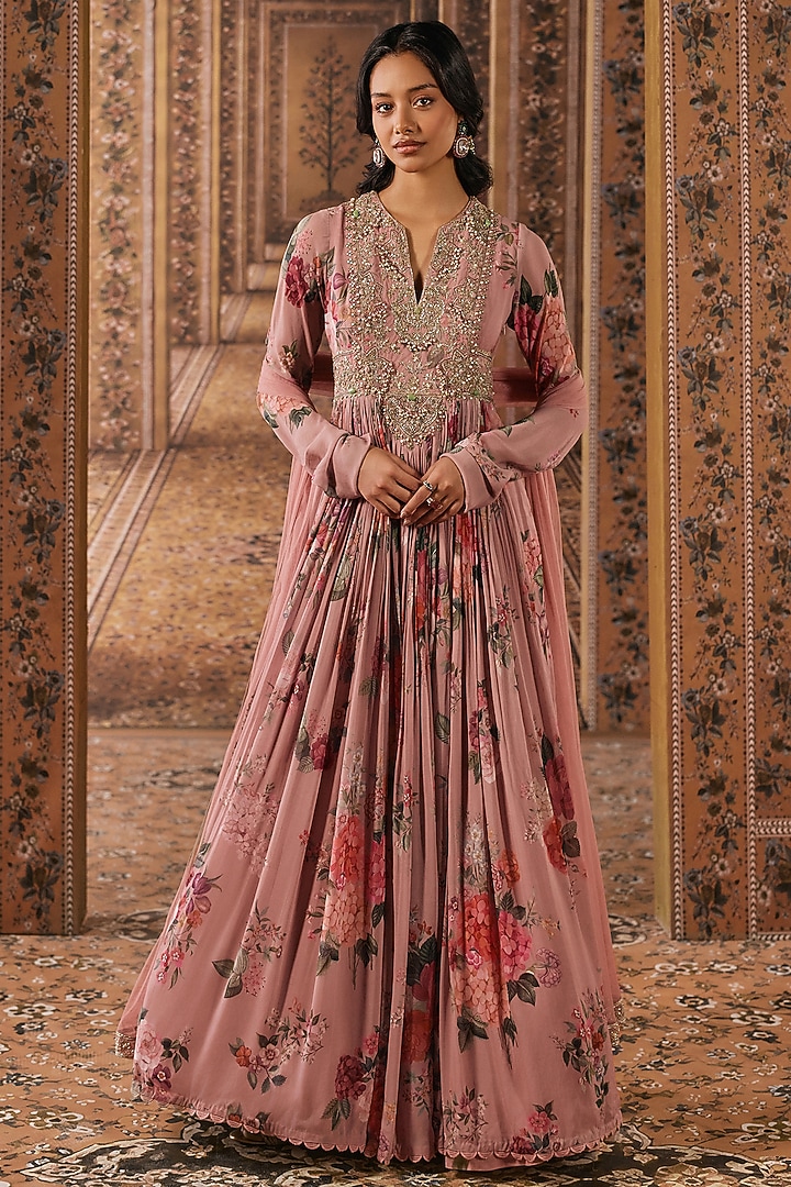 Dusky Pink Georgette Embroidered & Printed Bridal Anarkali Set by Ridhi Mehra at Pernia's Pop Up Shop