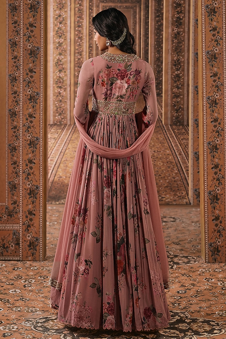 Dusky Pink Georgette Embroidered & Printed Bridal Anarkali Set by Ridhi Mehra at Pernia's Pop Up Shop