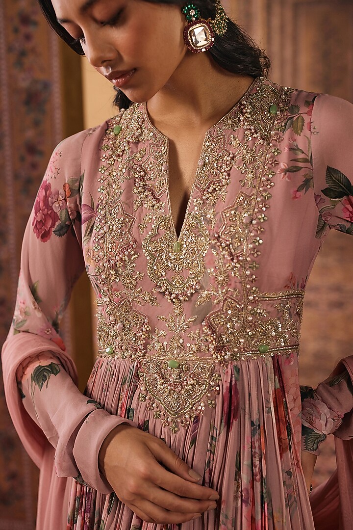 Dusky Pink Georgette Embroidered & Printed Bridal Anarkali Set by Ridhi Mehra at Pernia's Pop Up Shop