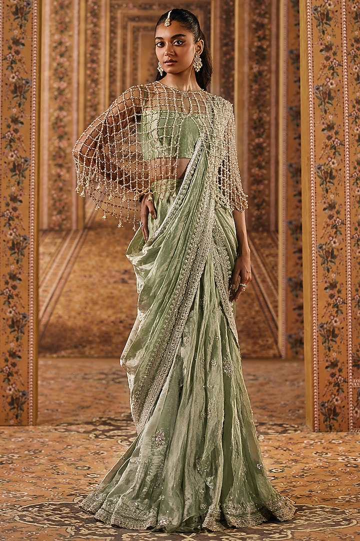 Mint Gold Tissue Boota Embroidered Pre-Stitched Bridal Saree Set by Ridhi Mehra at Pernia's Pop Up Shop