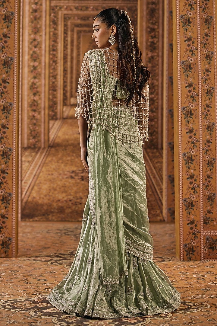 Mint Gold Tissue Boota Embroidered Pre-Stitched Bridal Saree Set by Ridhi Mehra at Pernia's Pop Up Shop