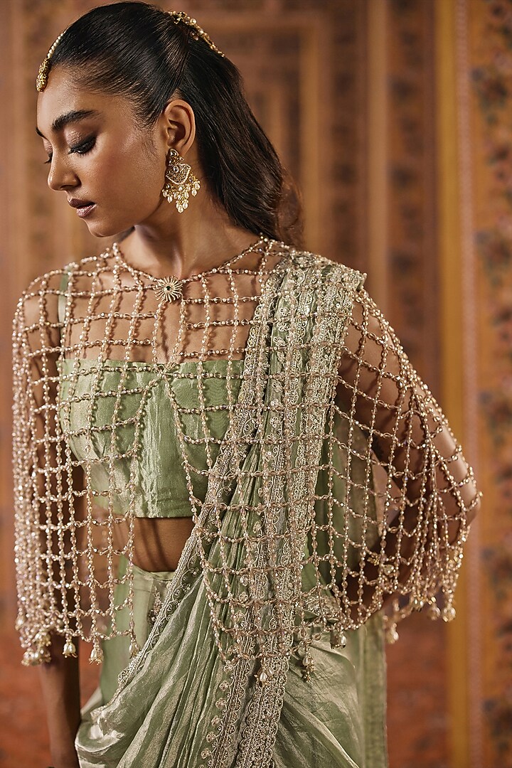 Mint Gold Tissue Boota Embroidered Pre-Stitched Bridal Saree Set by Ridhi Mehra at Pernia's Pop Up Shop