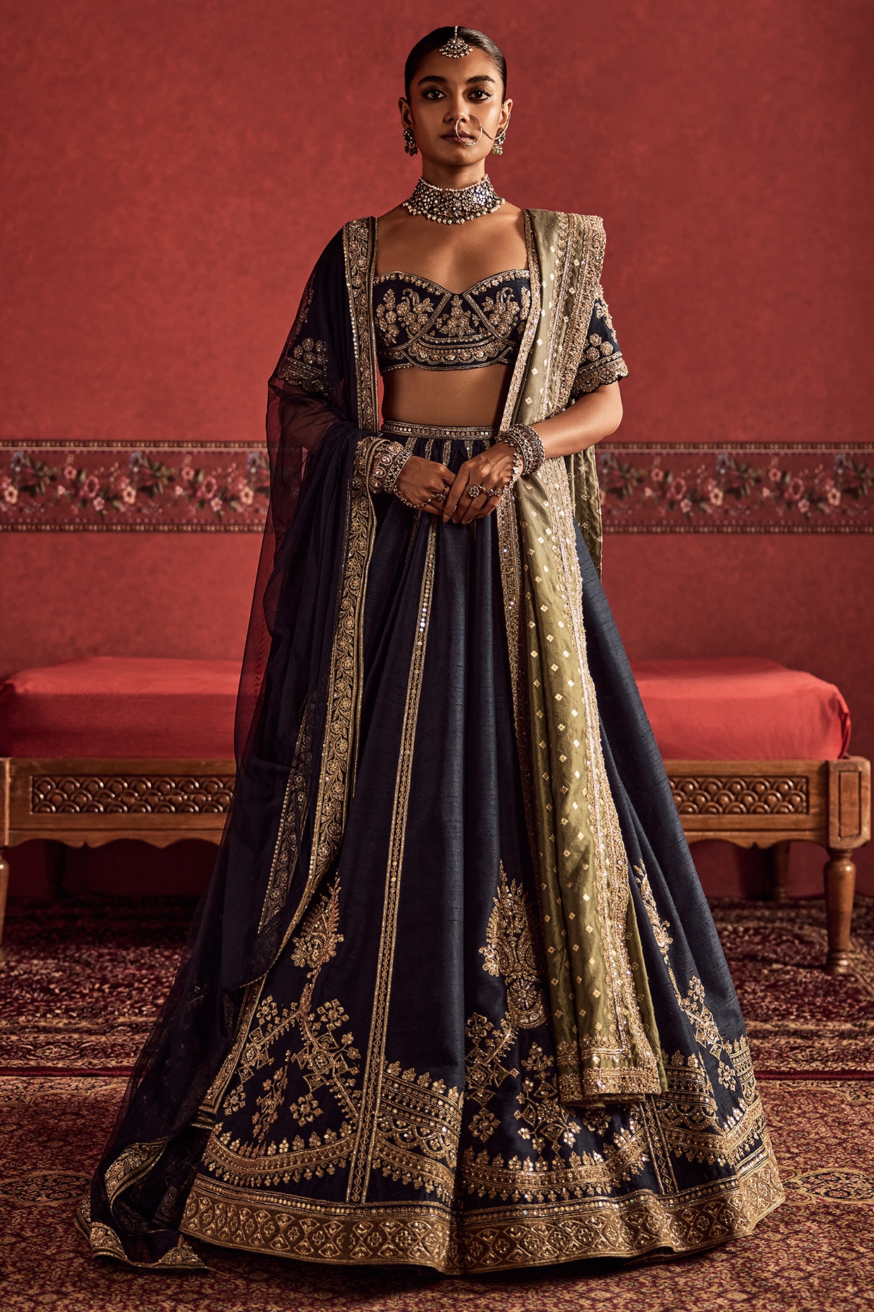 Ridhi Mehra Navy Blue Raw Silk Embroidered Bridal Lehenga Set