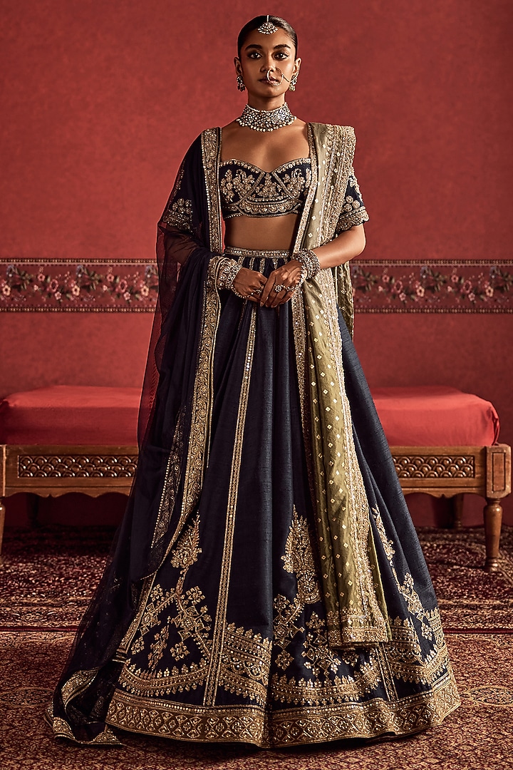 Navy Blue Raw Silk Embroidered Bridal Bridal Lehenga Set by Ridhi Mehra at Pernia's Pop Up Shop