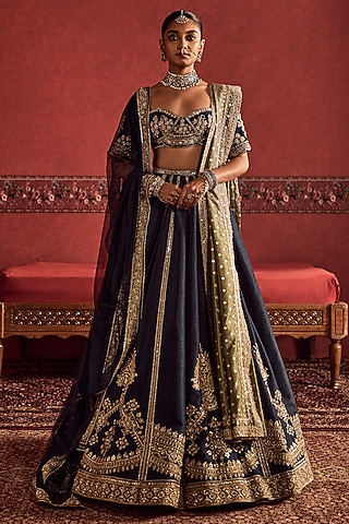 Navy Blue Raw Silk Embroidered Bridal Lehenga Set by ridhi mehra