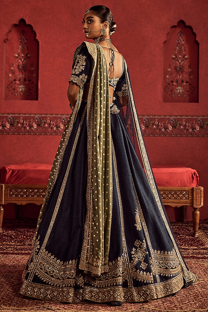 Navy Blue Raw Silk Embroidered Bridal Bridal Lehenga Set by Ridhi Mehra at Pernia's Pop Up Shop