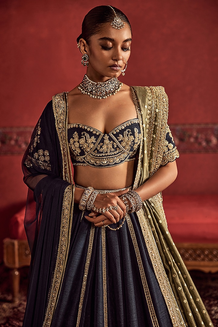 Navy Blue Raw Silk Embroidered Bridal Bridal Lehenga Set by Ridhi Mehra at Pernia's Pop Up Shop