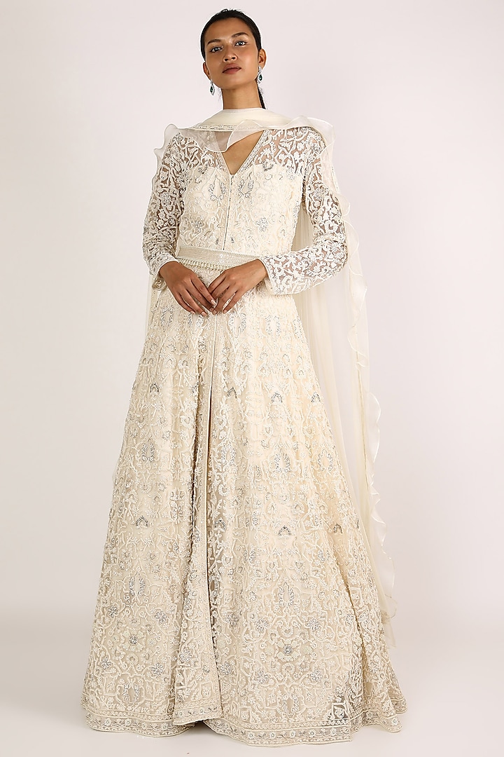 Ivory Embroidered Anarkali Set by Ridhi Mehra