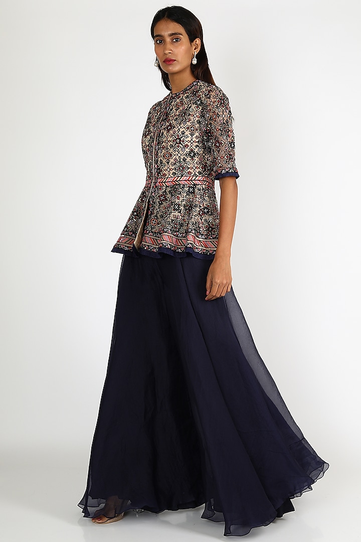 Blue Embroidered Sharara Set by Ridhi Mehra