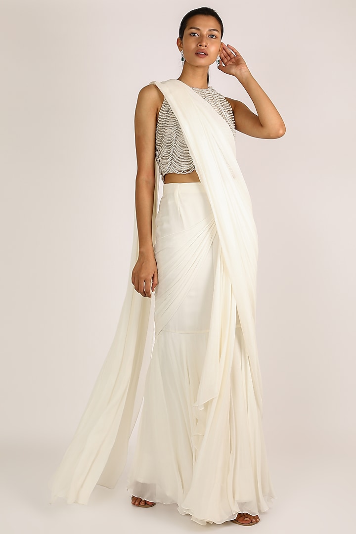 Ivory Draped & Embroidered Saree Set by Ridhi Mehra
