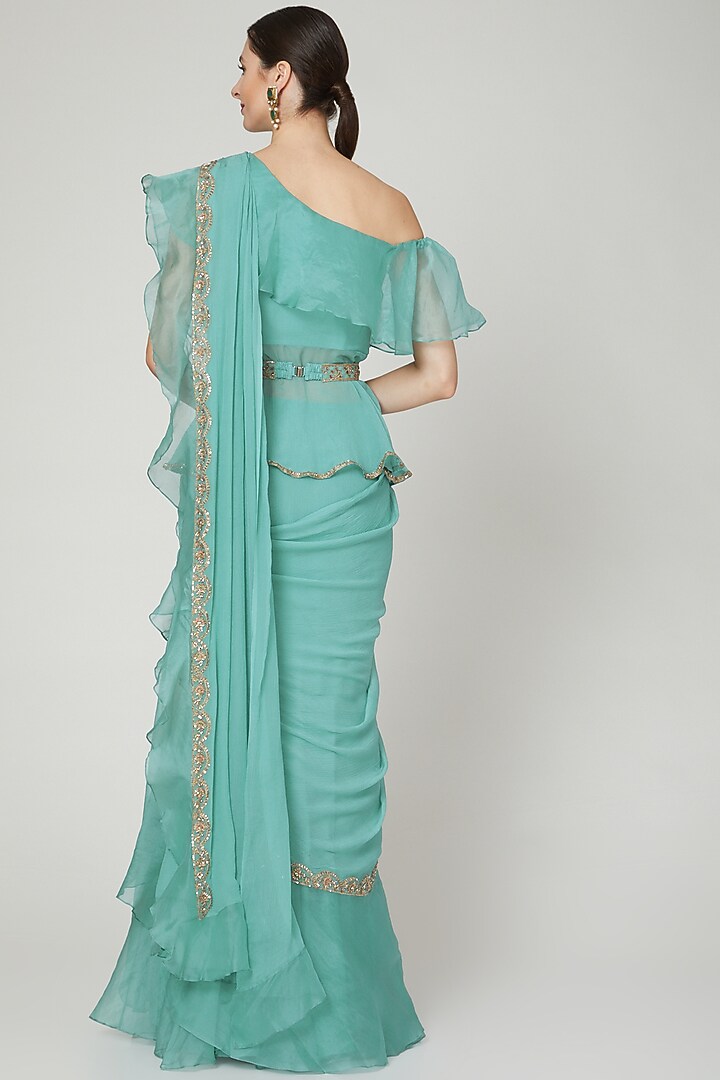 Teal Chiffon & Organza Ruffled Reception Saree Set by Ridhi Mehra at Pernia's Pop Up Shop